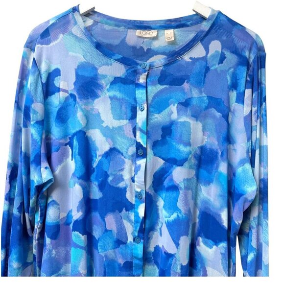 LOGO Lori Goldstein Stretch Mesh Cardigan XL Blue Watercolor Sheer Beach Top - Picture 3 of 14